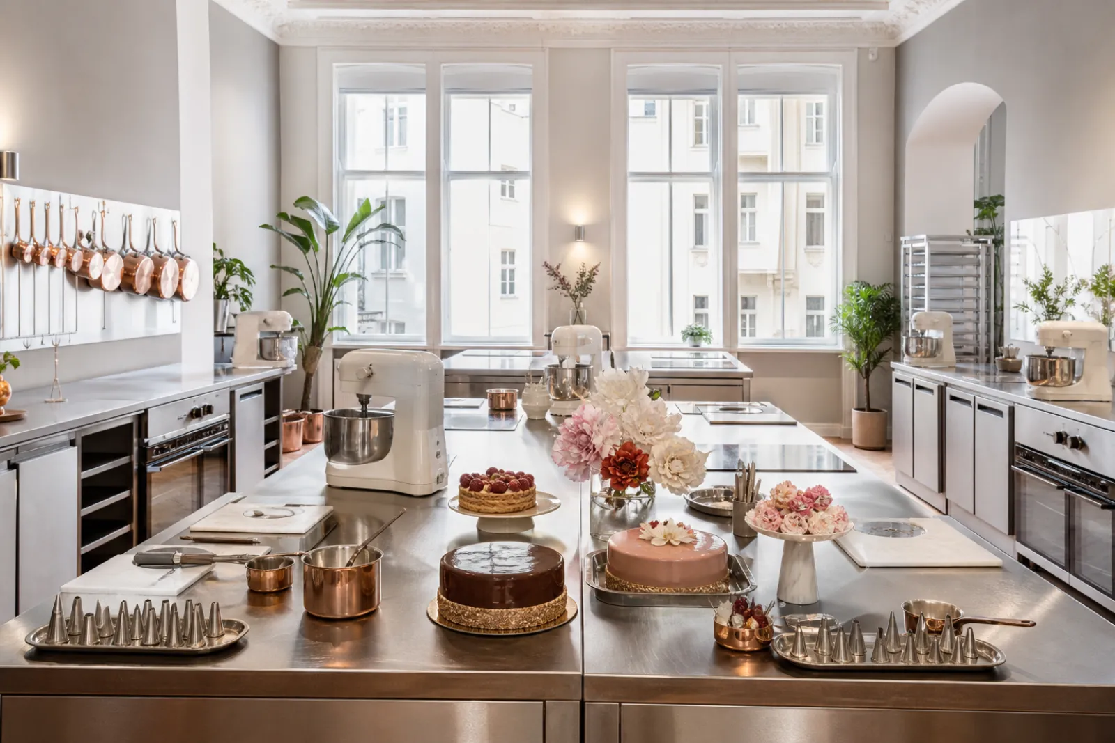 Helle Lehrküche der MorgenMaster Sweet Academy in Berlin-Charlottenburg mit Marmorplatten und Kupferkesseln