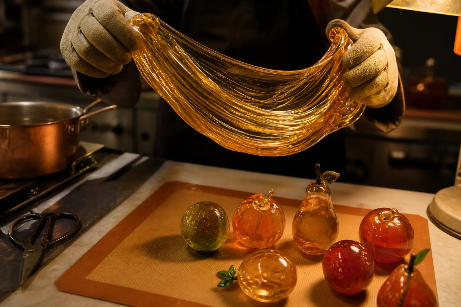 Ziehen von glühendem Isomalt zu transparenten Bändern in der Berliner Zuckerkunst-Werkstatt