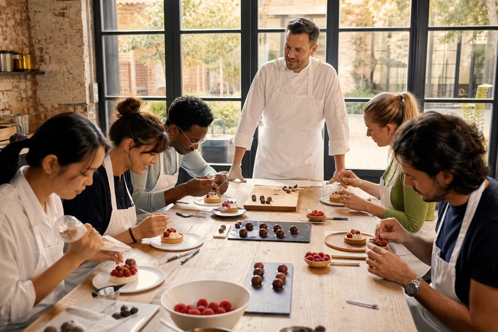 Firmengruppe in Schürzen dekoriert Pralinen und Tartes in der hellen Berliner Akademie-Küche