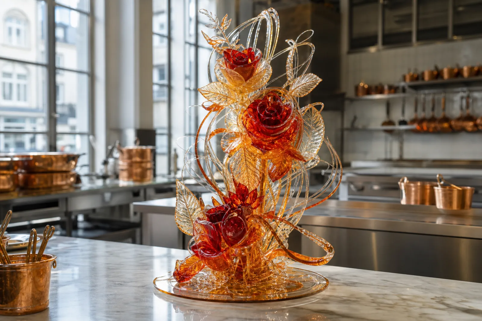 Handgefertigte blumige Zuckerskulptur aus gezogenem Zucker im Berliner Atelier der Sweet Academy